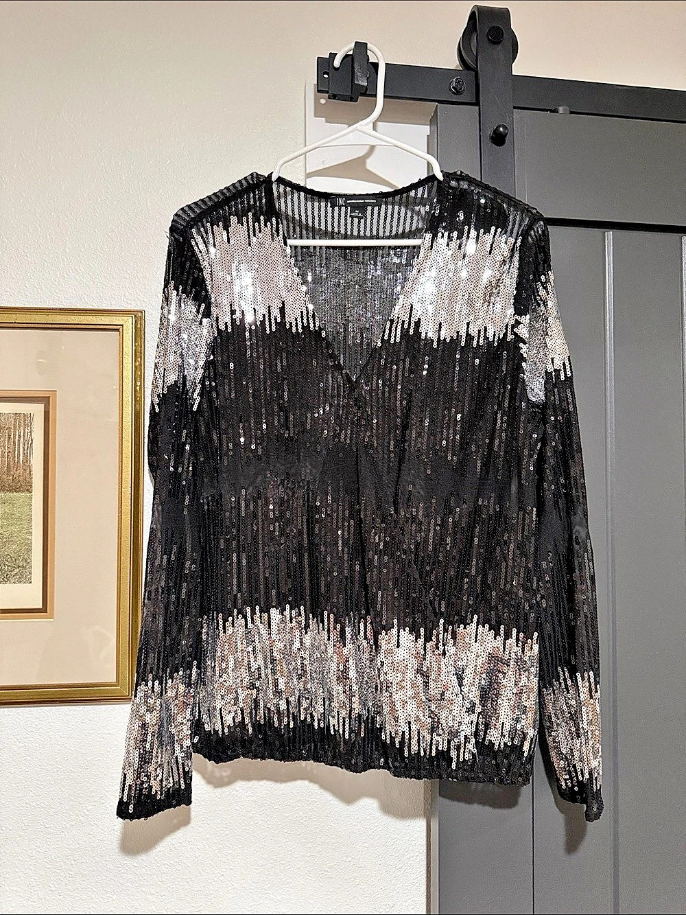 INC International Concepts Sequin Long Sleeve Top in Black & Gold Size Medium
